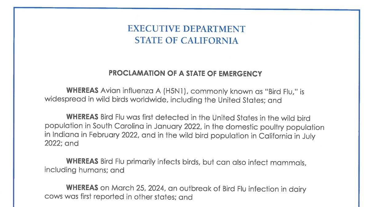 California governor declares Bird Flu emergency