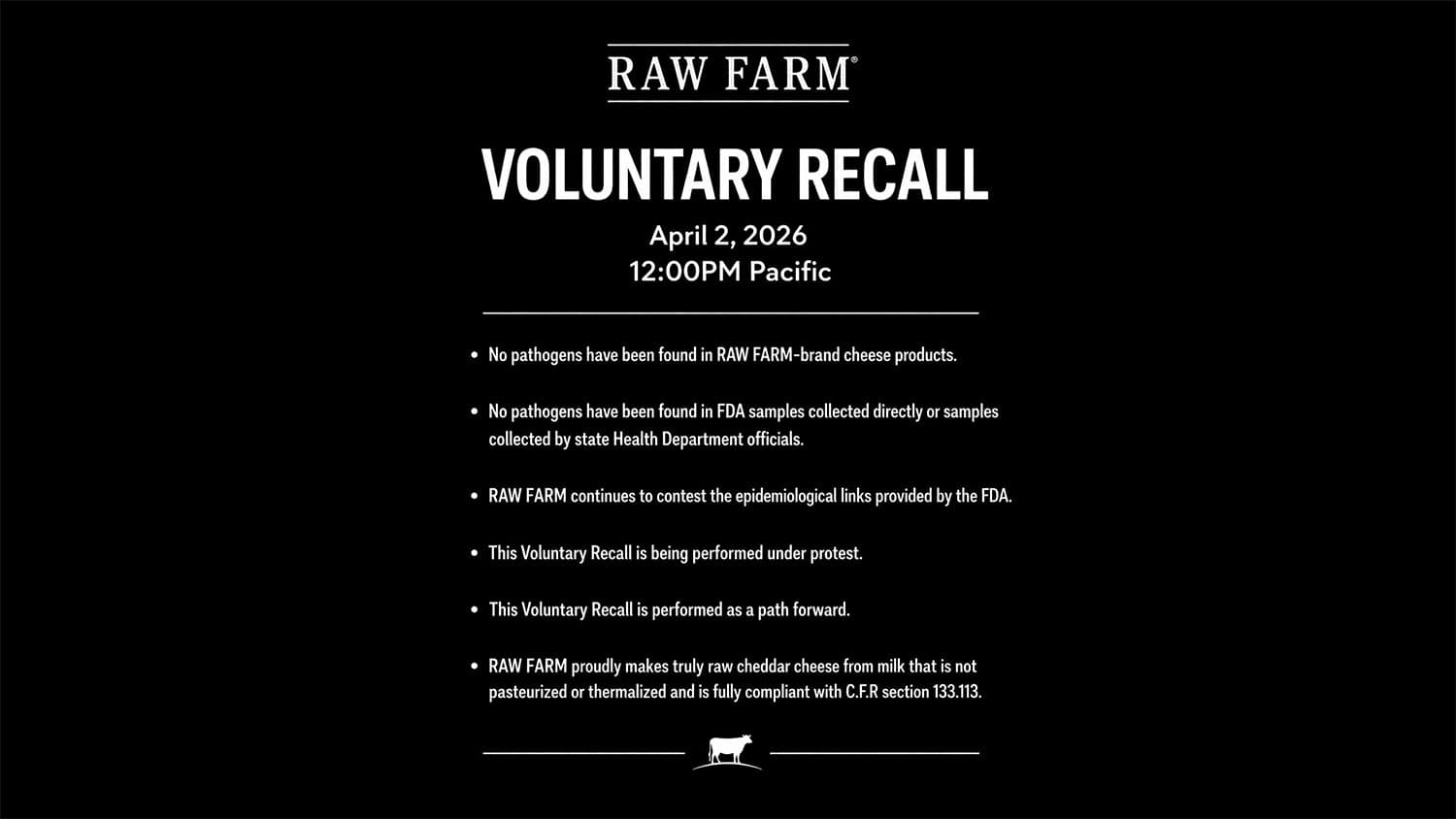 Voluntary recall issued for seven raw cheddar cheese products on April 2, 2026, at the FDA’s request, while Raw Farm continues to contest the epidemiological evidence linking its products to the E. coli outbreak under federal investigation. No pathogens have been found in any Raw Farm or government-collected samples to date.
