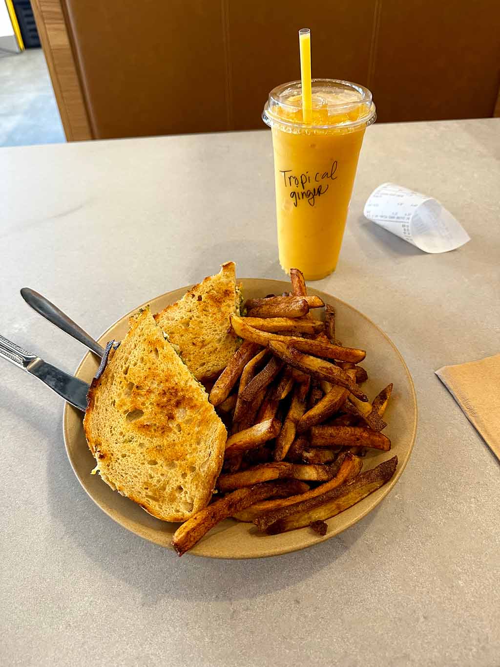 Pesto sandwich and tropical smoothie